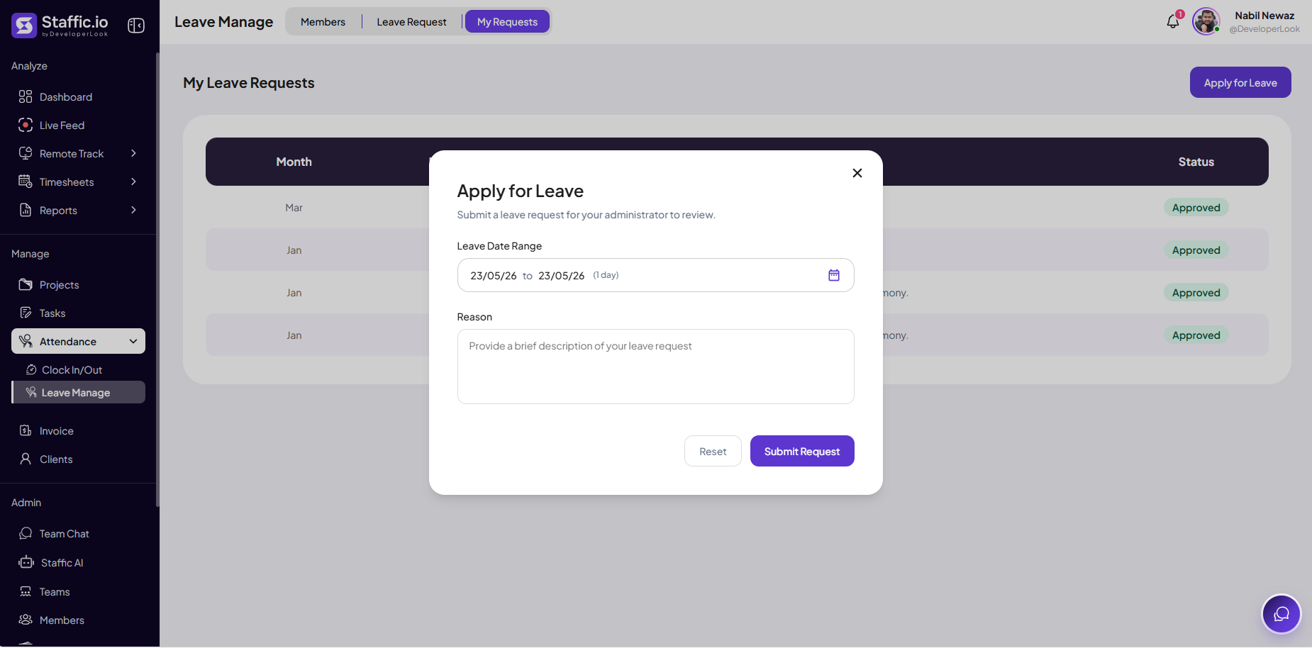 Apply for Leave modal with leave date range picker, reason field, and Submit Request button