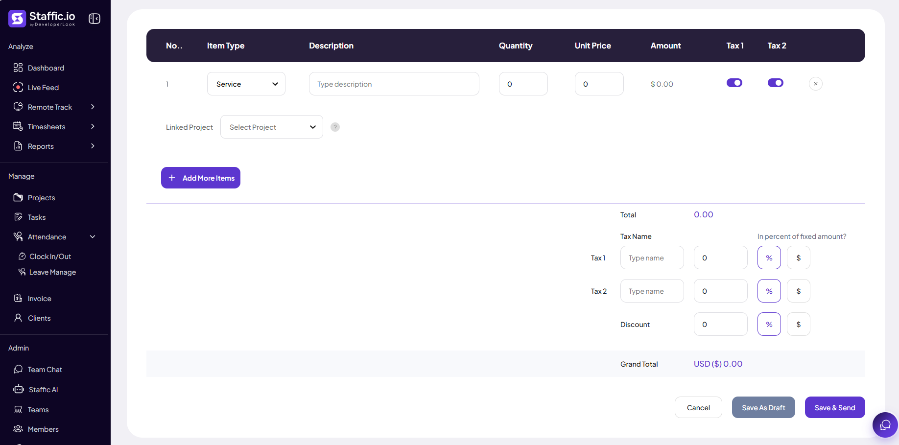 Create Invoice line items table with tax, discount, grand total, and Save As Draft or Save and Send buttons