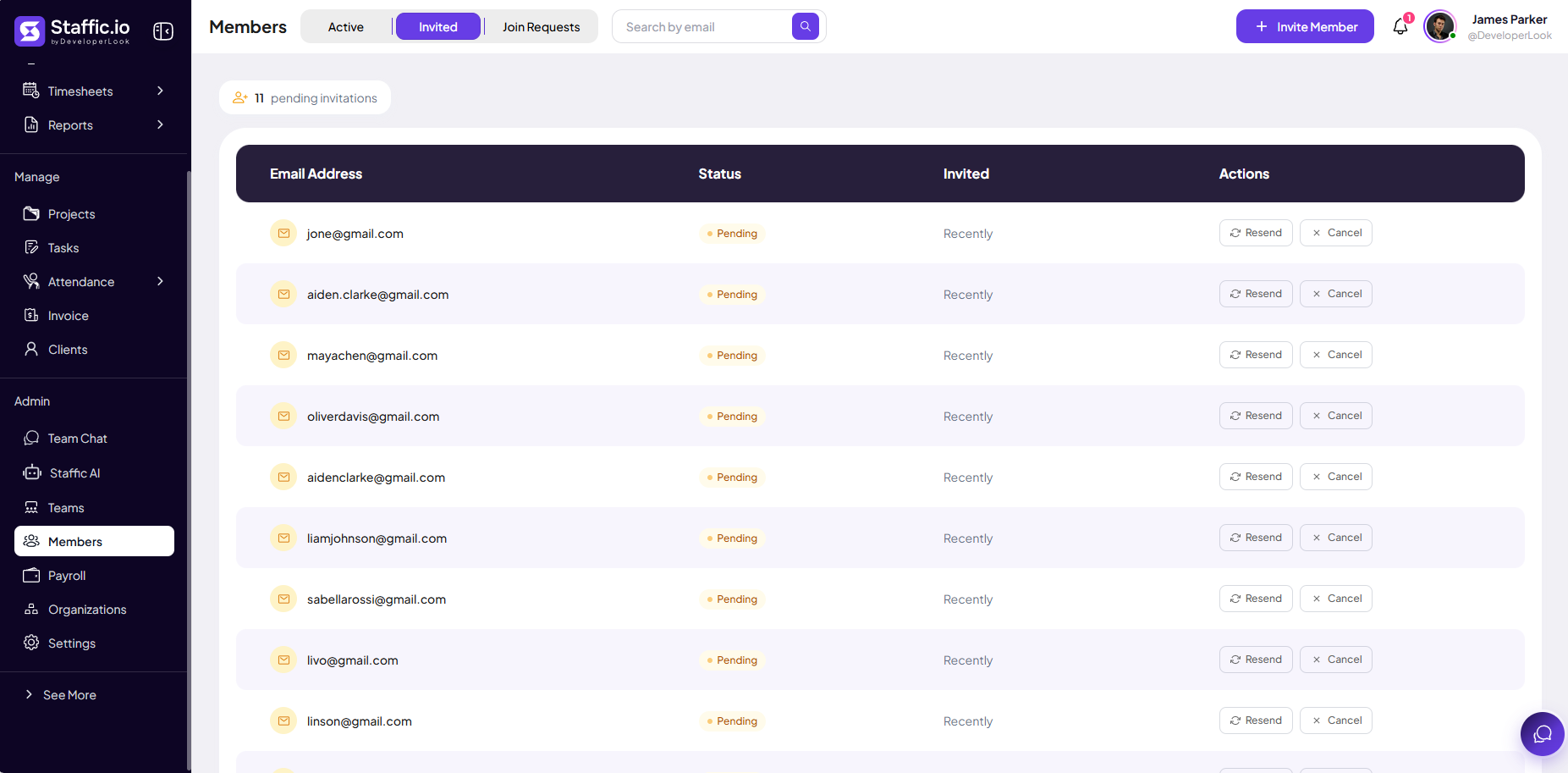 Members Invited tab with pending invitations, Resend and Cancel actions