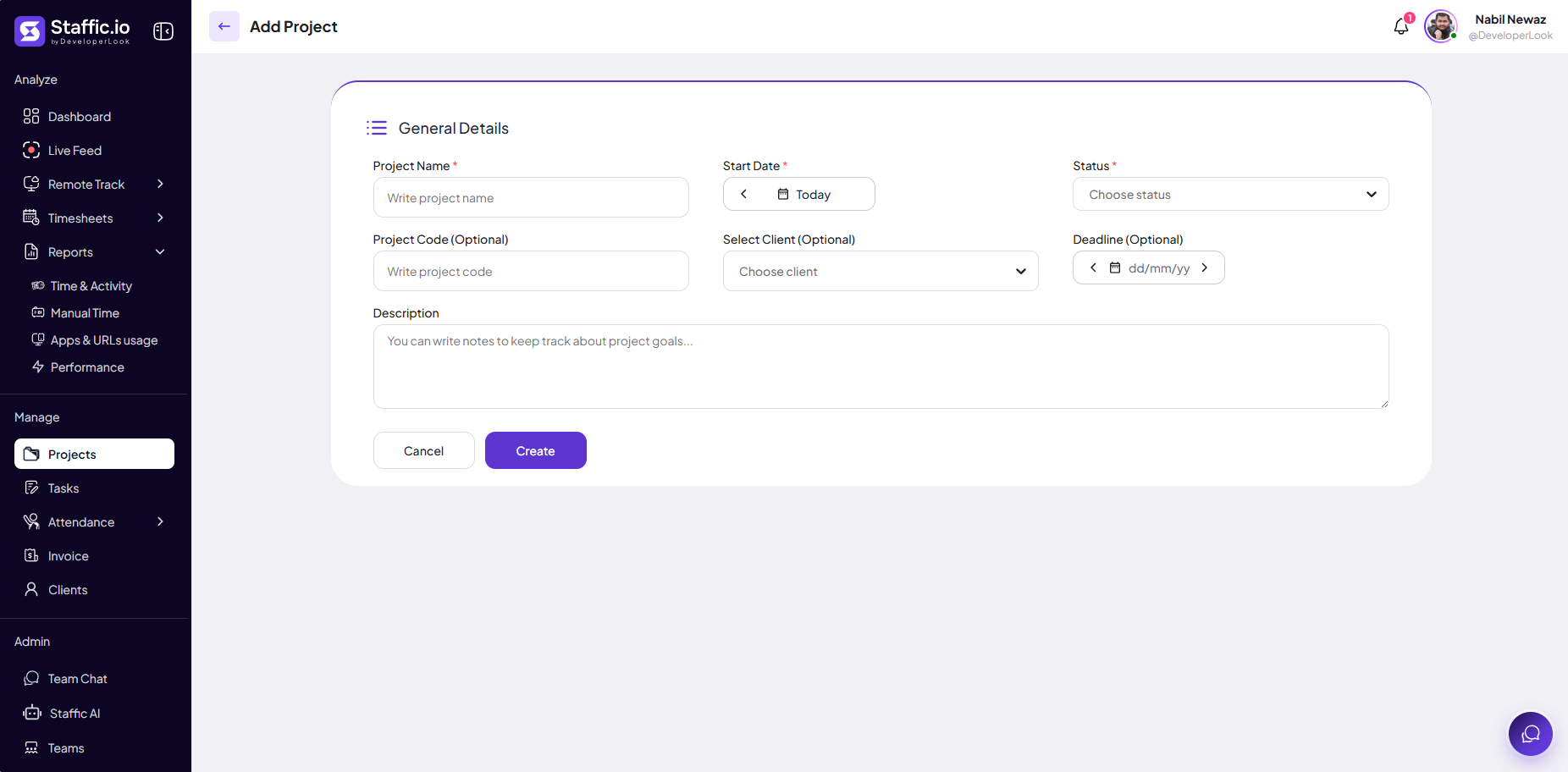 Add Project form with General Details fields for name, dates, status, client, and description