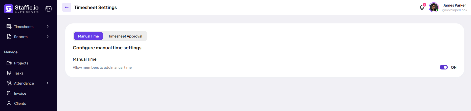 Timesheet Settings Manual Time tab with organization manual time toggle