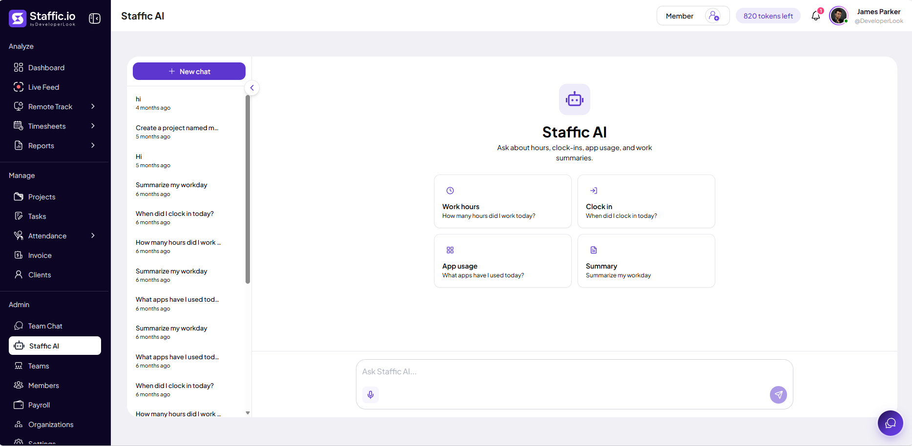 Staffic AI page with chat history, suggestion cards, member filter, token count, and Ask Staffic AI input