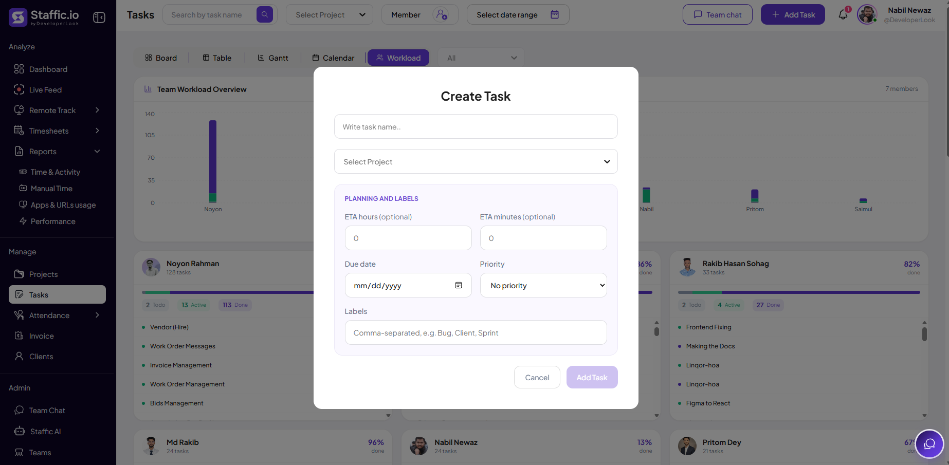 Create Task modal with task name, project, ETA, due date, priority, and labels