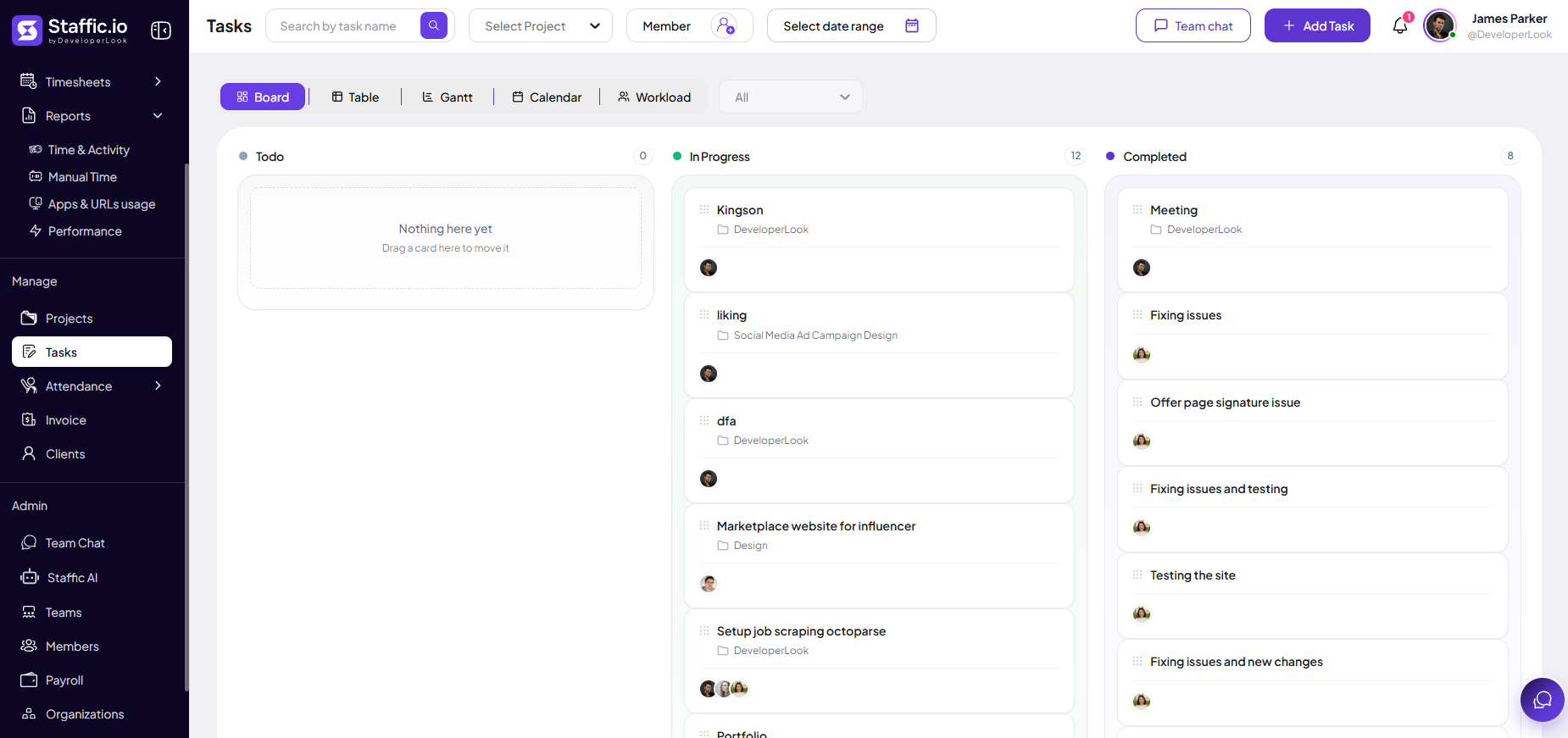 Tasks Board view with Todo, In Progress, and Completed Kanban columns