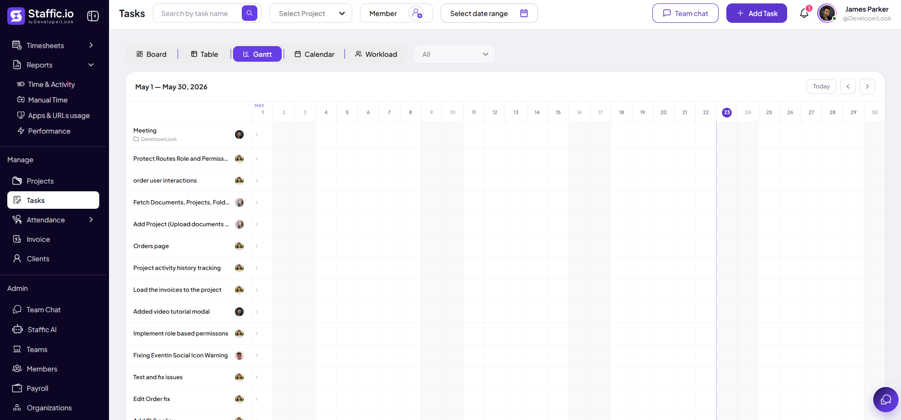 Tasks Gantt view with task list and monthly timeline grid