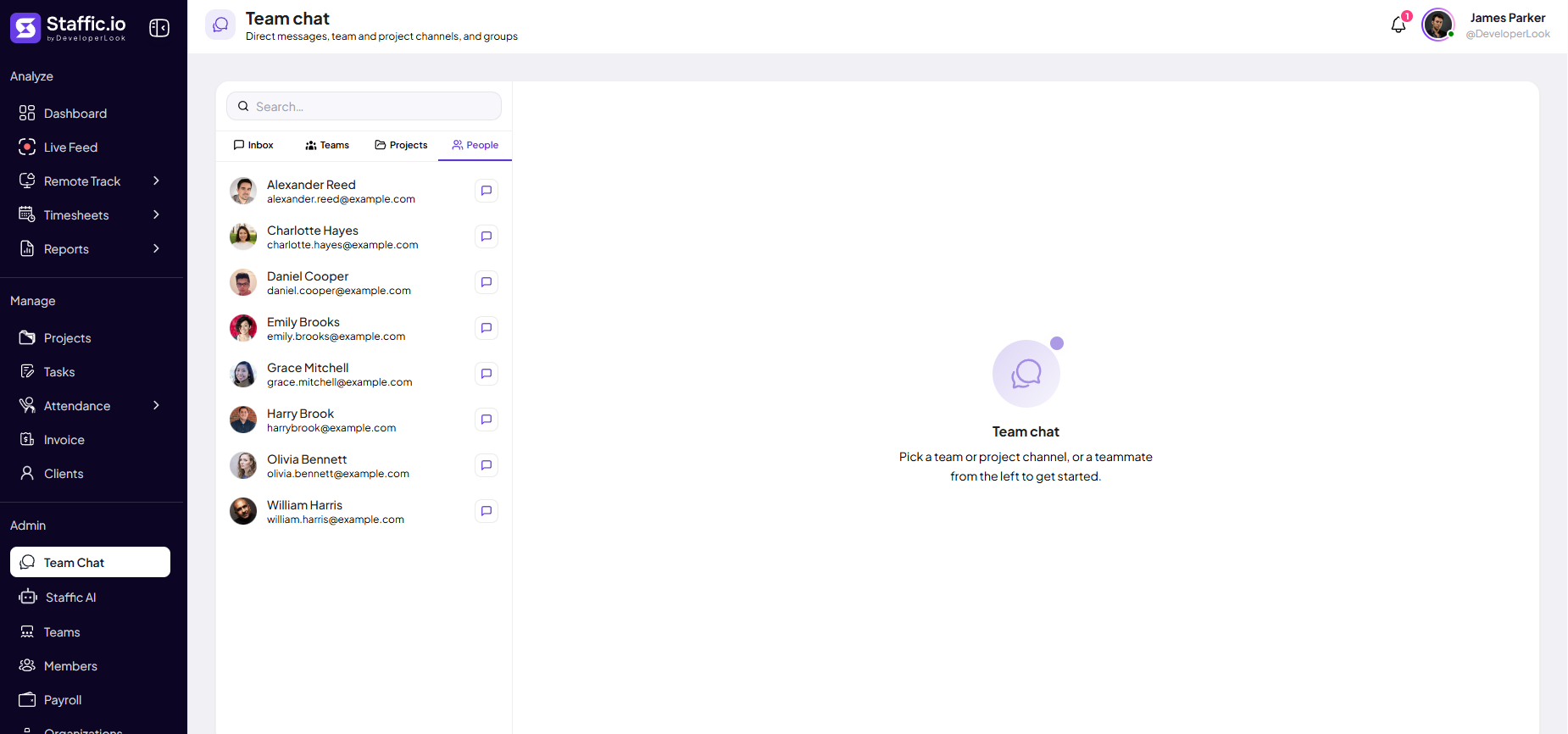 Team Chat People tab with member list and email addresses