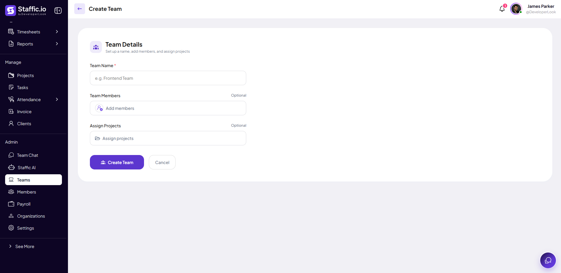 Create Team form with Team Name, Team Members, and Assign Projects fields