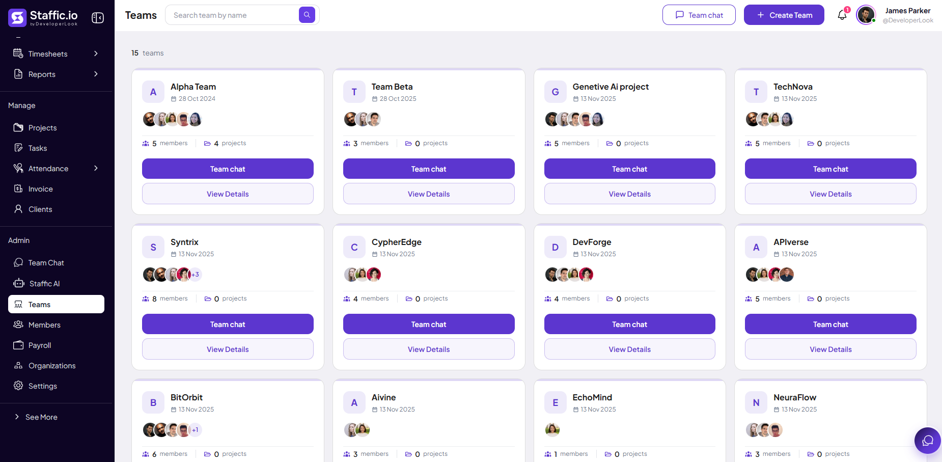 Teams page with team cards showing members, projects, Team chat and View Details buttons