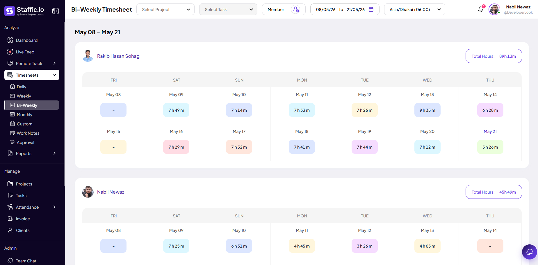 Bi-Weekly Timesheet page with two-week date range, member cards showing fourteen-day hour grids, and total hours per member