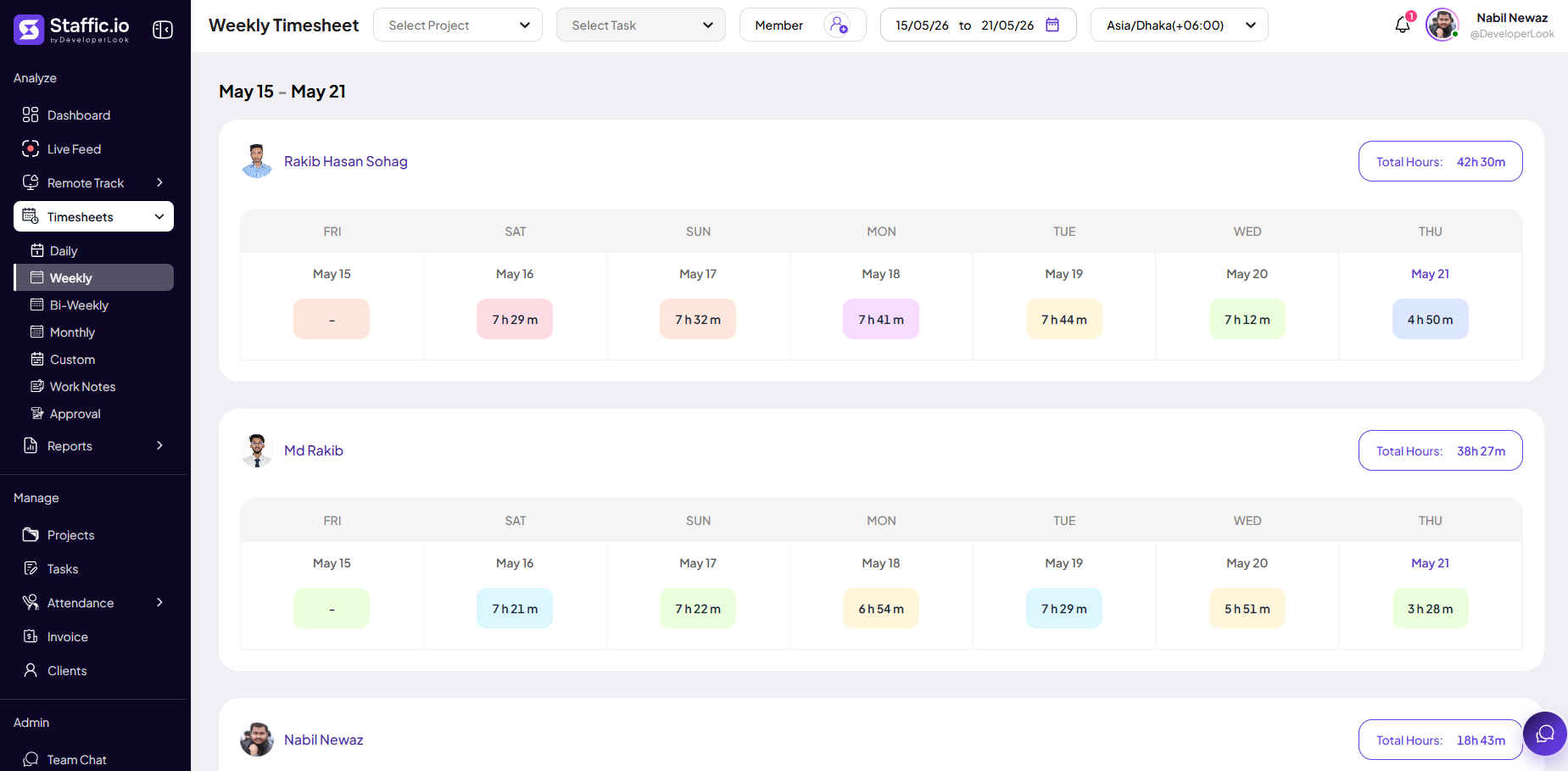 Weekly Timesheet page with week date range, member cards showing seven-day hour grids, and total hours per member
