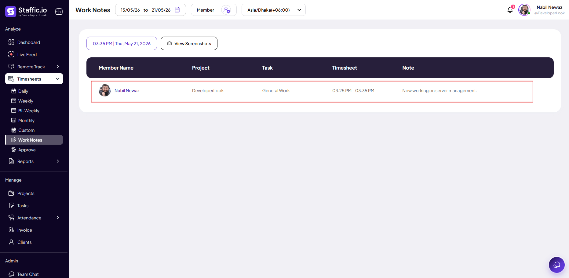 Work Notes page with date and member filters, table of entries showing project, task, timesheet interval, and note text